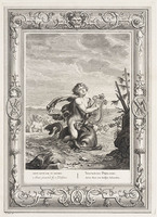 KG 12608
<br/>
Tempel der Muzen: Arion gered door een dolfijn.
<br/>
<em>Picart, Bernard (1673-1733)</em>